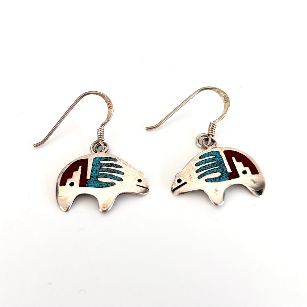 Southwestern Sterling Silver Turquoise and Coral Bear Fetish Dangle Earrings Vtg